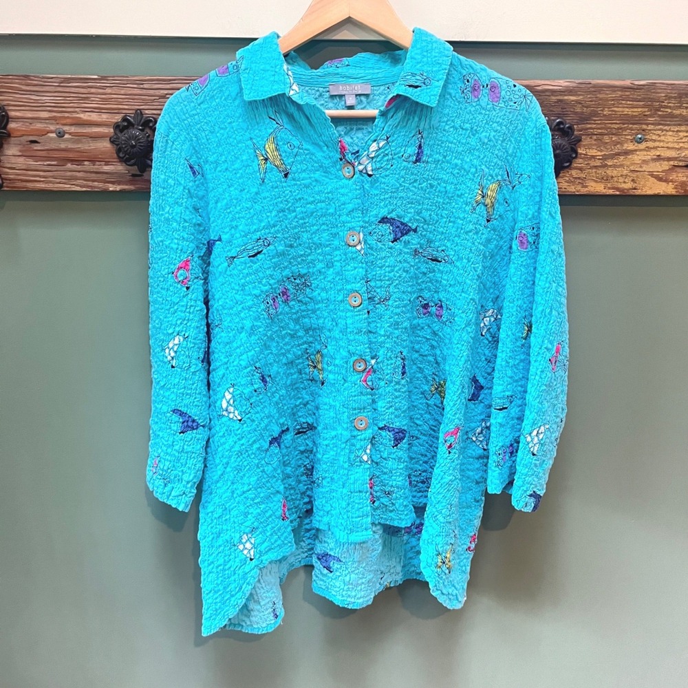 Habitat Clothes to Live In Turquoise Seersucker Fish Print Button Up Shirt M